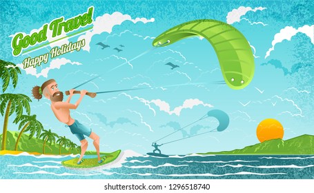 Beard man ride on kiteboard beside island. Bright illustration in flat cartoon style