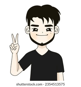 beard man is showing two fingers , black shirt man gives peace sign