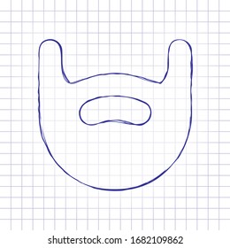 Beard of man, simple logo. Hand drawn picture on paper sheet. Blue ink, outline sketch style. Doodle on checkered background