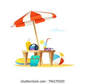 Beard man sitting on a sunbed on the beach. Happy smiling male relaxing on a chaise-longue and drink cocktail. Vector cartoon illustration.