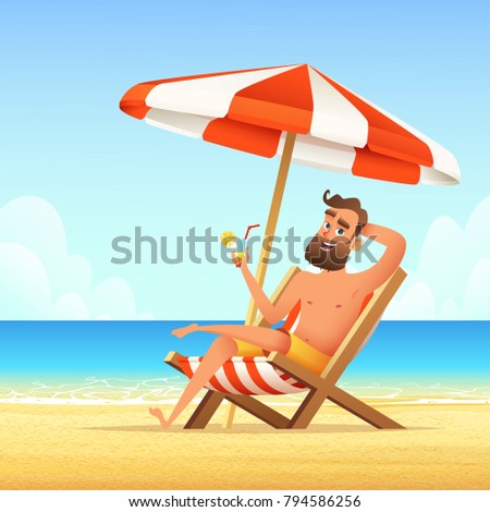 Beard man sitting on a sunbed on the beach. Happy smiling male relaxing on a chaise-longue and drink cocktail. Vector cartoon illustration.