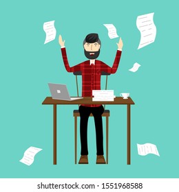 The beard man sitting at table and joyful feel for success on working isolated on background. Vector illustration in cartoon character flat style. 