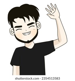 beard man is smiling  , black shirt man waves hand