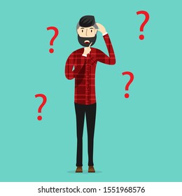 The beard man standing isolated on background and thinking something question about business or work. Vector illustration in cartoon character flat style.