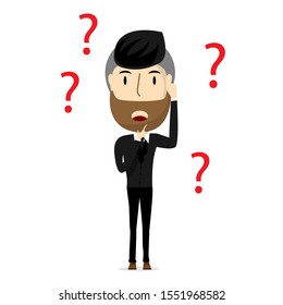 The beard man standing isolated on background and thinking something question about business or work. Vector illustration in cartoon character flat style.