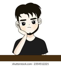 beard man is thinking , man wears black shirt is wondering 