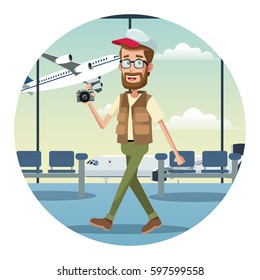 beard man traveler camera cap airport