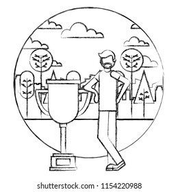beard man with trophy landscape nature