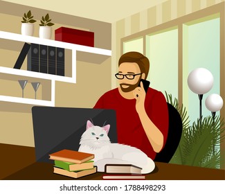 Beard man using laptop flat vector illustration. Working from home workplace, remote job, freelancer. Online shopping. Pet. Cat sleeping on owner workspace. Guy. Hipster. Male. Books. Home office.