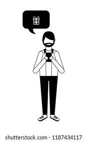 beard man using smartphone gift speech bubble