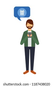 beard man using smartphone gift speech bubble