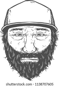 Beard Man Wearing Trucker Cap. Black And White Line Art Illustration For T-shirt, Sticker Or Poster.