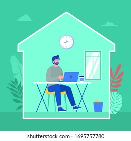 beard man work from home during covid 19 pandemic to prevent the spread of viruses, self isolation vector illustration concept,  can use for, landing page, template, ui, web, homepage, poster, banner
