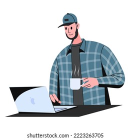 Beard man working on laptop, man with cap smiling, holding a coffee cup, and doing his job at the office or home, people illustration vector.