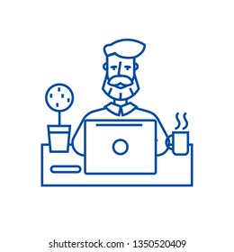 Beard man working on table with notebook line icon concept. Beard man working on table with notebook flat  vector symbol, sign, outline illustration.