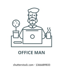 Beard man working on table with notebook line icon, vector. Beard man working on table with notebook outline sign, concept symbol, flat illustration