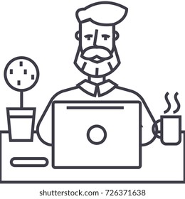 beard man working on table with notebook vector line icon, sign, illustration on background, editable strokes