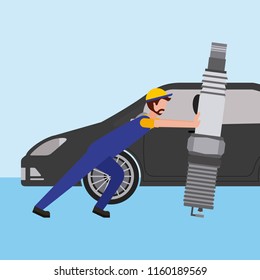 beard mechanic pushing spark plug car part