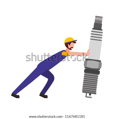 beard mechanic pushing spark plug automotive part