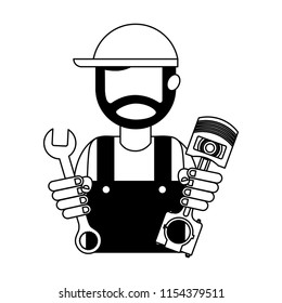 beard mechanic in uniform with piston and wrench
