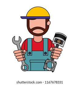 beard mechanic in uniform with piston and wrench