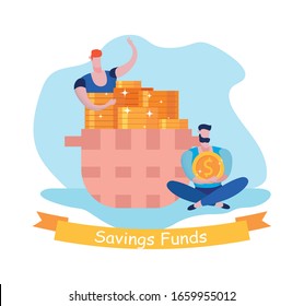 Beard Men with Basket Coins. Savings Funds. Profit from Selling Products. Vector illustration. Basket with Stack Coins. Teamwork.