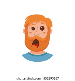 Beard men facial expression isolated icon. Cute color vector illustration of hipster guy face avatar showing  emotion surprised in flat style.