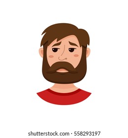 Beard men facial expression isolated icon. Cute color vector illustration of hipster guy face avatar showing  emotion sad in flat style.