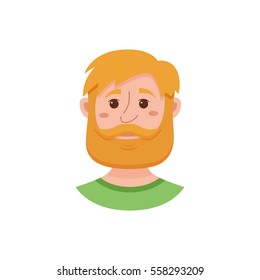 Beard men facial expression isolated icon. Cute color vector illustration of hipster guy face avatar showing  emotion smiling in flat style.