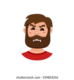 Beard men facial expression isolated icon. Cute color vector illustration of hipster guy face avatar showing  emotion angry in flat style.