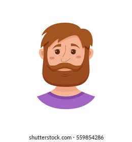 Beard men facial expression isolated icon. Cute color vector illustration of hipster guy face avatar showing  emotion happy in flat style.