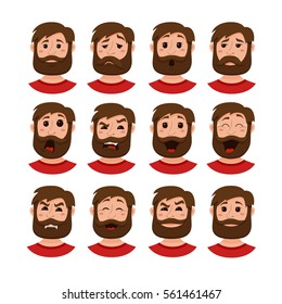 Beard men facial expression isolated icons. Cute color vector illustration of hipster guy faces avatars showing different emotions: smiling, sad, surprised, crying, shy, laugh happy in flat style.