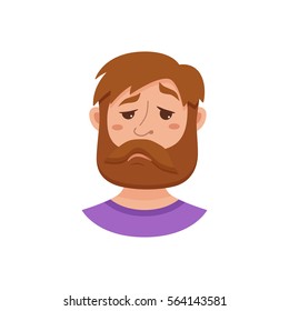Beard men facial expression isolated icon. Cute color vector illustration of hipster guy face avatar showing emotion sad in flat style.