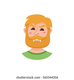 Beard men facial expression isolated icon. Cute color vector illustration of hipster guy face avatar showing emotion angry in flat style.