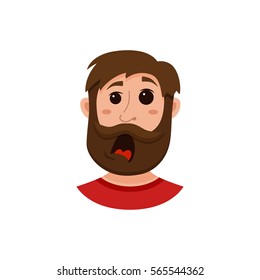 Beard men facial expression isolated icon. Cute color vector illustration of hipster guy face avatar showing emotion surprised in flat style.