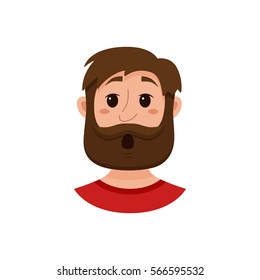 Beard men facial expression isolated icon. Cute color vector illustration of hipster guy face avatar showing emotion surprised in flat style.