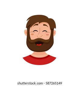 Beard men facial expression isolated icons. Cute color vector illustration of hipster guy faces avatars showing different emotions: smiling,  laugh happy in flat style.