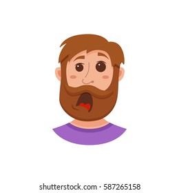 Beard men facial expression isolated icons. Cute color vector illustration of hipster guy faces avatars showing different emotions:  surprised,  in flat style.