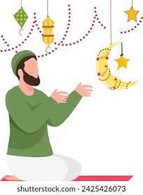 Beard Muslim Man Offering Prayer on Rug Concept, raising hands in supplication or invocation Vector Design, Eid al-Adha Eid-ul-Kabir Symbol, Hajj Sign, Muslims religious Festival Stock illustration