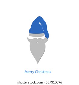 Beard with mustache and blue hat of Santa Claus with inscription Merry Christmas isolated on white background