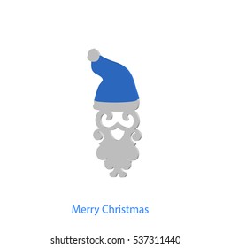 Beard with mustache and blue hat of Santa Claus with inscription Merry Christmas isolated on white background