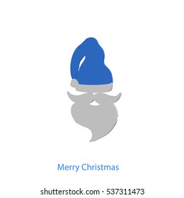 Beard with mustache and blue hat of Santa Claus with inscription Merry Christmas isolated on white background