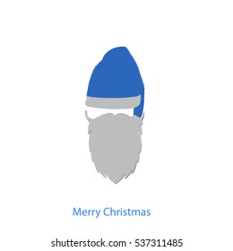 Beard with mustache and blue hat of Santa Claus with inscription Merry Christmas isolated on white background