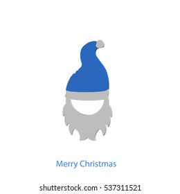 Beard with mustache and blue hat of Santa Claus with inscription Merry Christmas isolated on white background