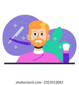 Beard and mustache care in salon. Services of professional barber. Male vector character in barbershop. Man plans to shave his face. Color vector illustration