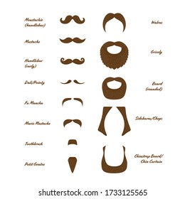 Beard + Mustache, etc. types. Facial hair vector art for many uses. 