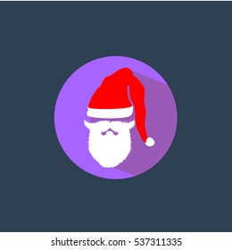 Beard with mustache and hat of Santa Claus icon with long shadow in center of purple circle
