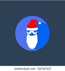 Beard with mustache and hat of Santa Claus icon with long shadow in center of blue circle