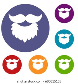 Beard and mustache icons set in flat circle red, blue and green color for web