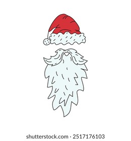 Beard, mustache, Santa hat. Santa Claus Christmas accessories, doodles, funny Christmas cartoon icons. Festive party wear.